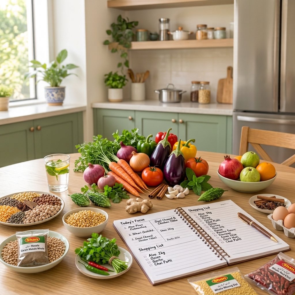 balanced Pakistani meal with vegetables protein and whole grains